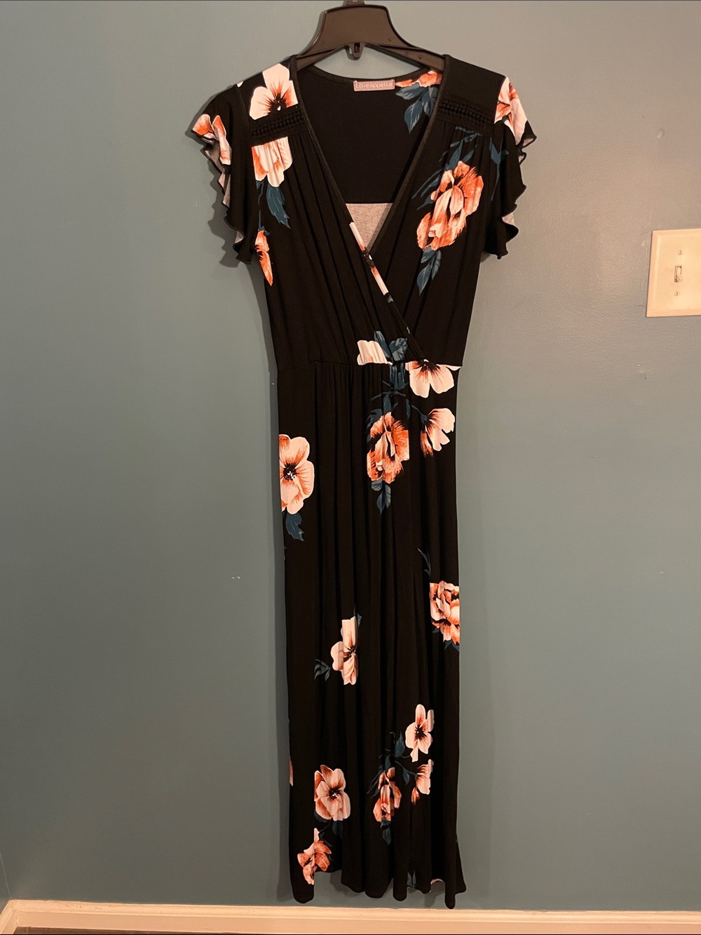 Loveappella Black Maxi Dress with Peach Floral Print